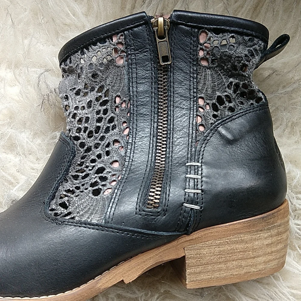 Musse & Cloud Ainhoa Anthropologie Leather Crochet Ankle Boots Black EU 39 US 8